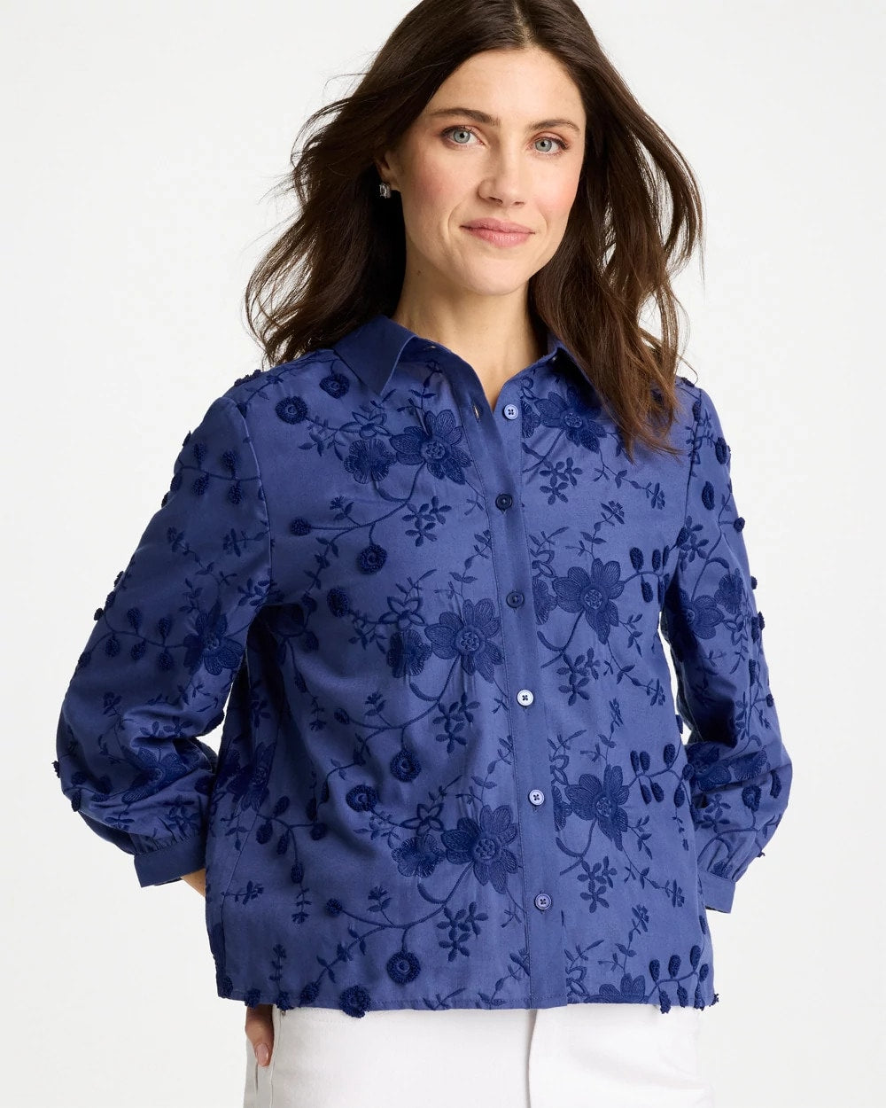 Chico's | 3D Floral Embroidered Top/ Indigo