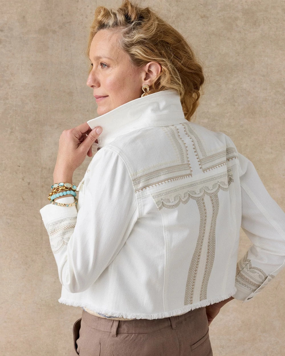 Chico's | Embroidered Cropped Denim Trucker Jacket/ Alabaster