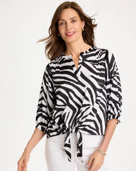 Chico's | Satin Animal Print Tie-Front Top/ Black