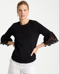 Chico's | Cotton Lace Flutter Sleeve Tee/ Black