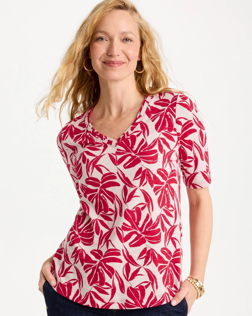 Chico's | Printed Cotton Slub V-Neck Tee/ Cherry Lush