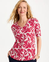 Chico's | Printed Cotton Slub V-Neck Tee/ Cherry Lush