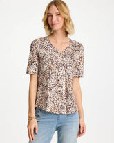 Chico's | Printed Cotton Slub V-Neck Tee/ Cattail Brown
