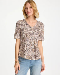 Chico's | Printed Cotton Slub V-Neck Tee/ Cattail Brown