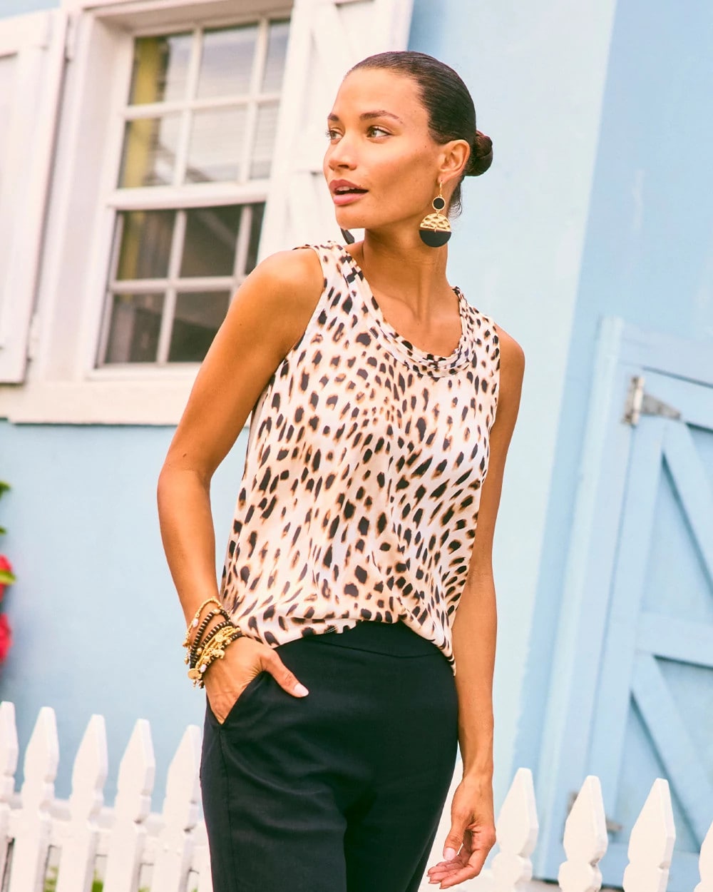 Chico's | Animal Print Jersey Satin Tank Top/ Black