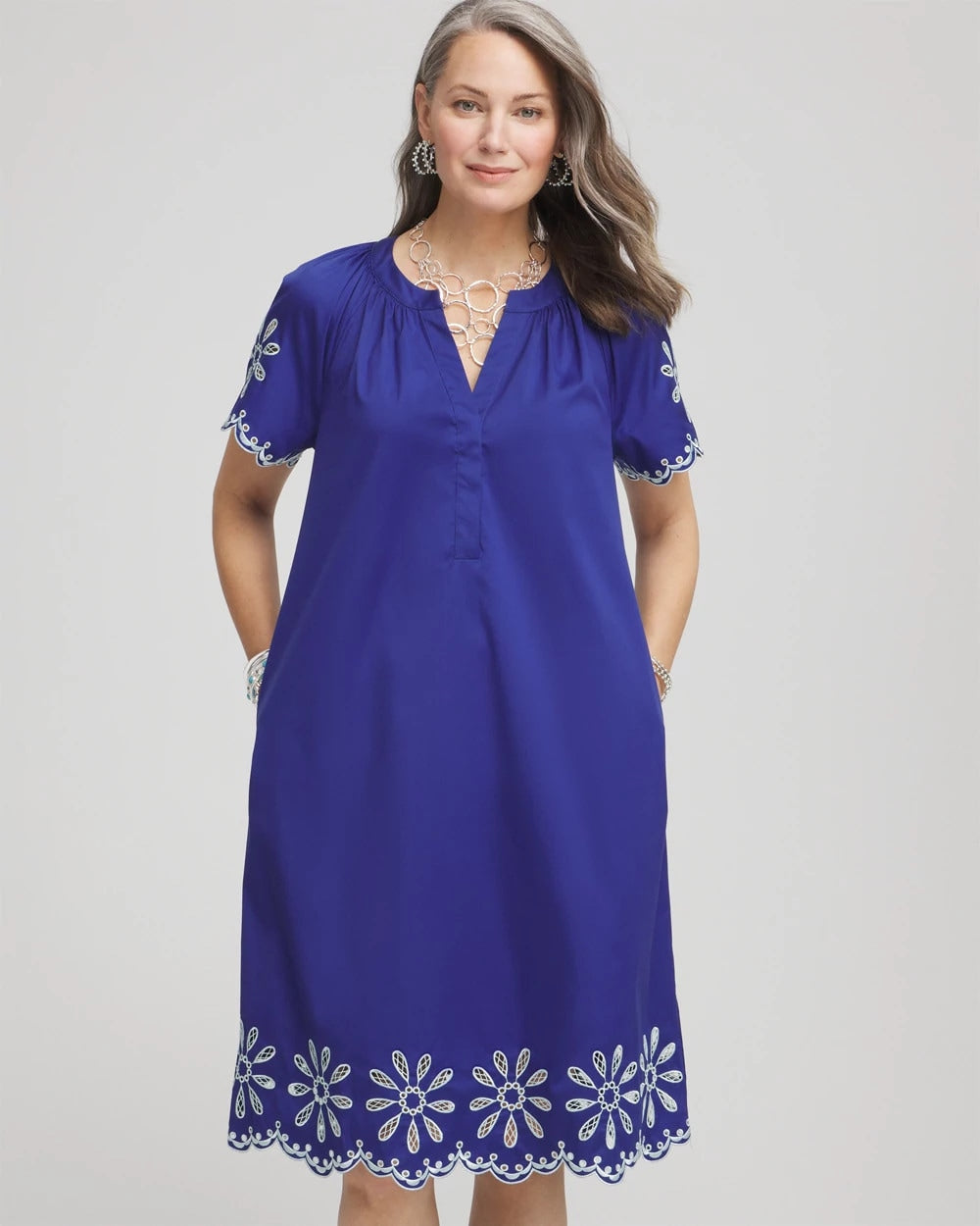 Chico's | Embroidered Poplin Popover Dress/ Blue Casa