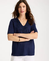 Chico's | Flora Lace V-Neck Tee/ Passport Blue
