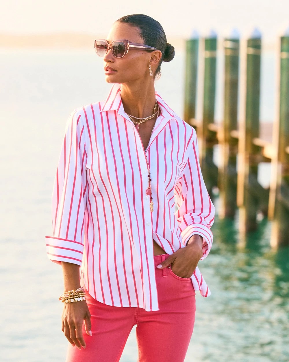 Chico's | No Iron™ Stretch Striped Shirt/ Calypso Coral