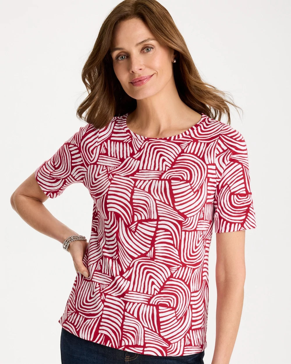 Chico's | Geo Pima Elbow Sleeve Tee/ Cherry Lush