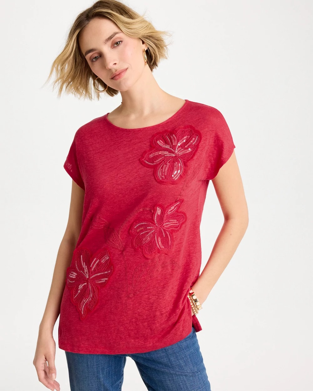 Chico's | Linen Embellished Sequin Tunic/ Cherry Lush