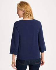 Chico's | Embroidered Hem Top/ Passport Blue