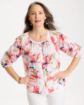 Chico's | Cotton Voile Croix Collage Blouse/ Calypso Coral