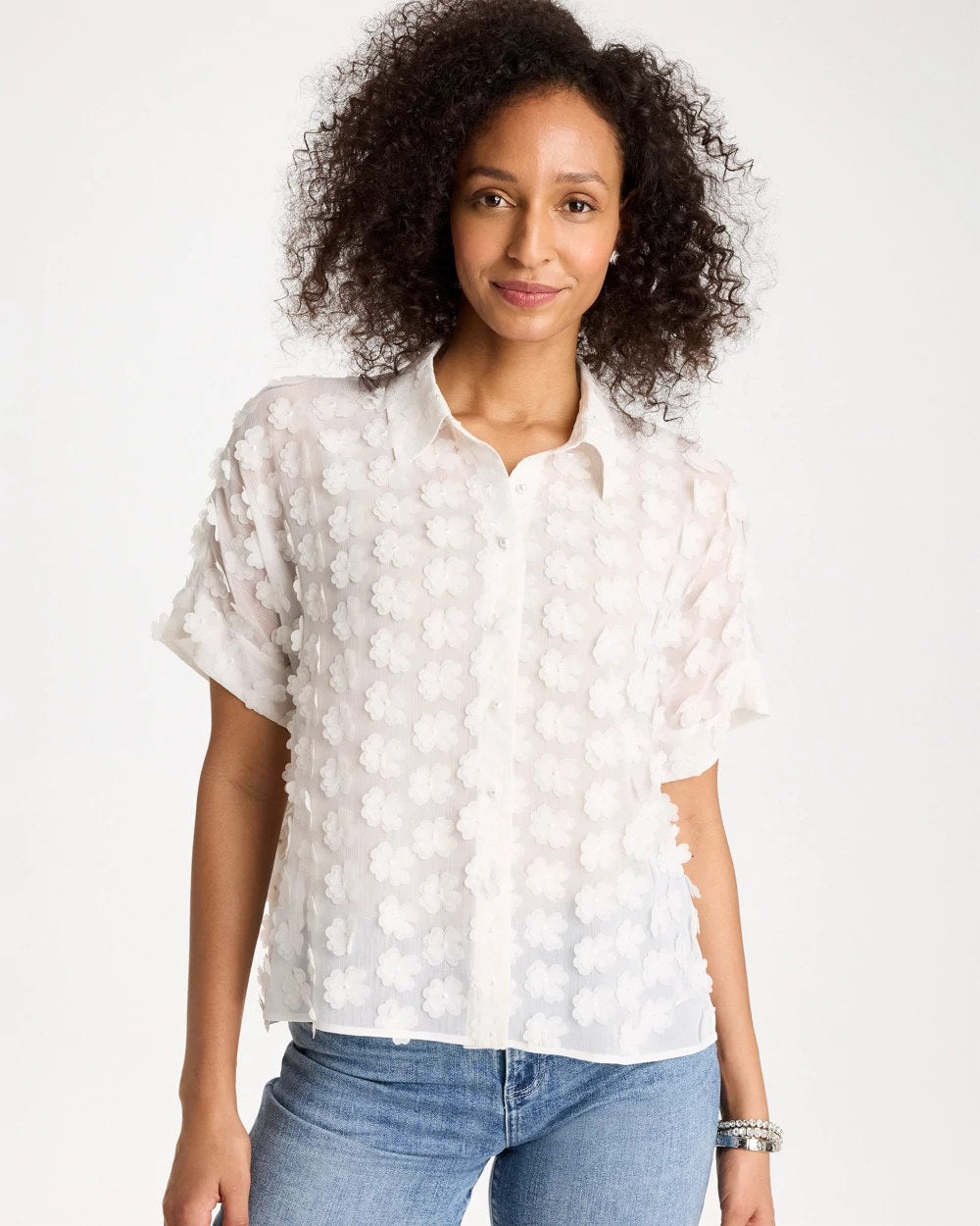 Chico's | 3D Floral Chiffon Camp Shirt/ Alabaster