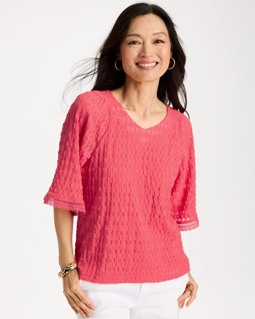 Chico's | Crinkle Lace Knit Raglan Tee/ Calypso Coral