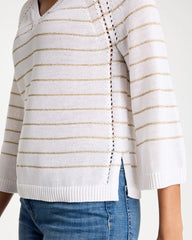 Chico's | Metallic Striped Pullover Sweater/ Alabaster