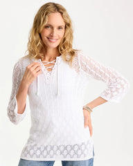 Chico's | Cotton-Linen Lace Notch-Neck Sweater/ Alabaster
