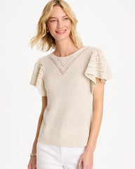 Chico's | Pointelle Metallic Flutter-Sleeve Pullover/ Cream