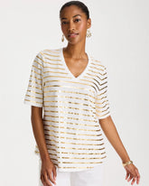 Chico's | Striped Cotton Slub V-Neck Tee/ Alabaster