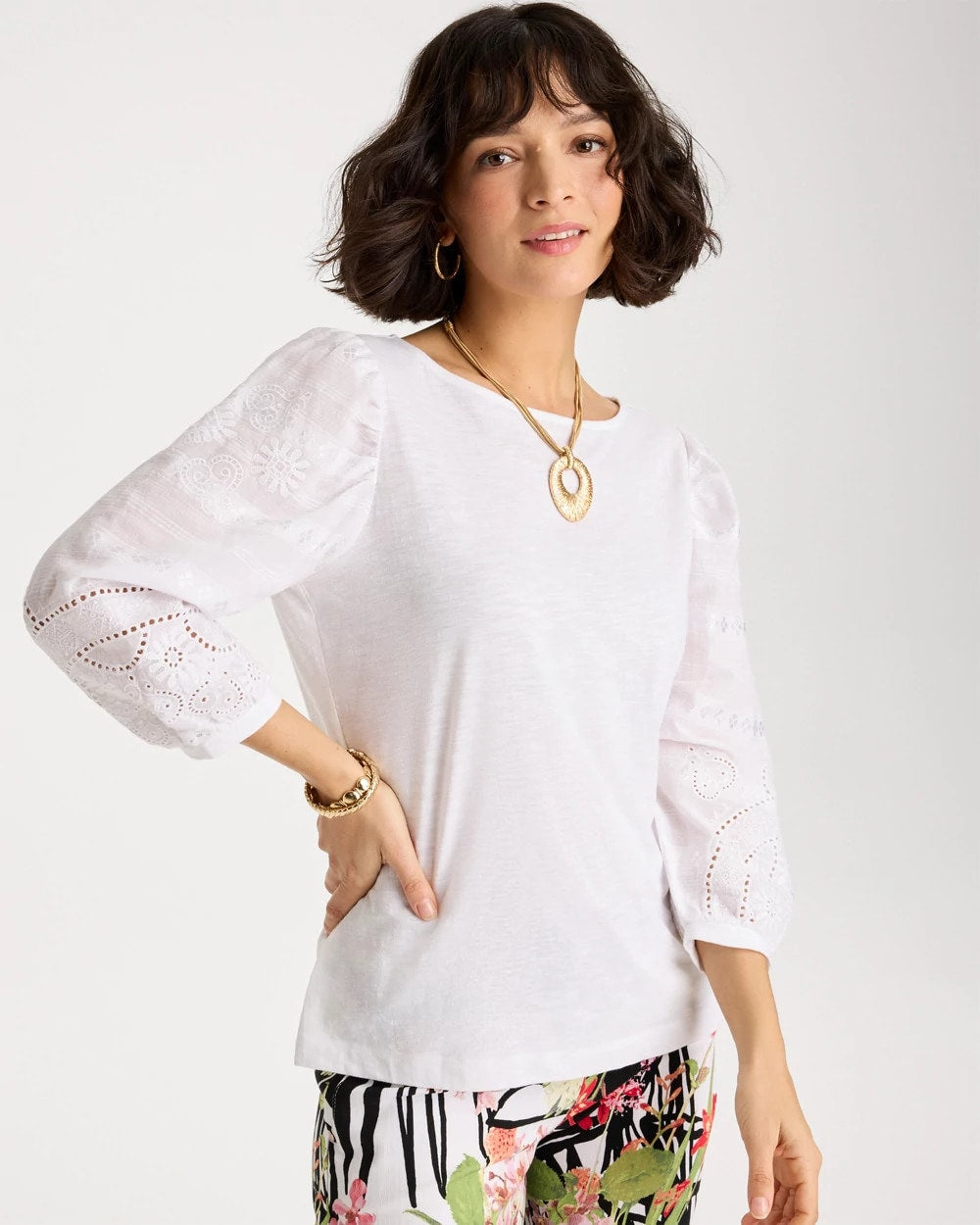 Chico's | Cotton Eyelet Sleeve Tee/ Alabaster