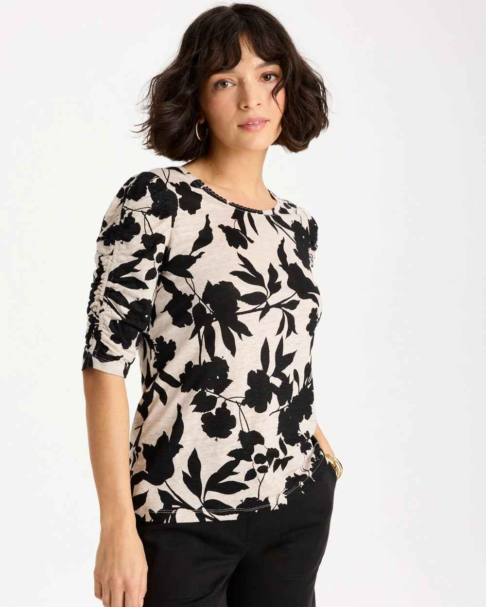 Chico's | Flora Linen Ruched Sleeve Tee/ Black