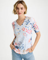 Chico's | Pima Floral Elbow Sleeve Tee/ Calypso Coral