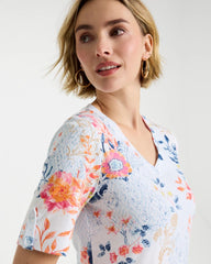 Chico's | Pima Floral Elbow Sleeve Tee/ Calypso Coral