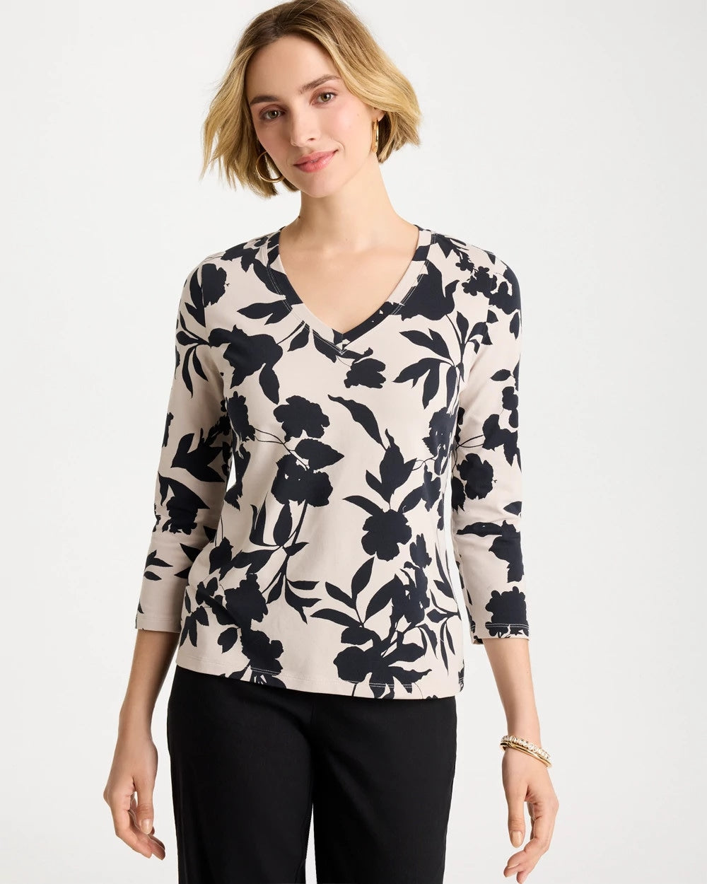 Chico's | Cotton Stretch 3/4 Sleeve Floral Tee/ Black