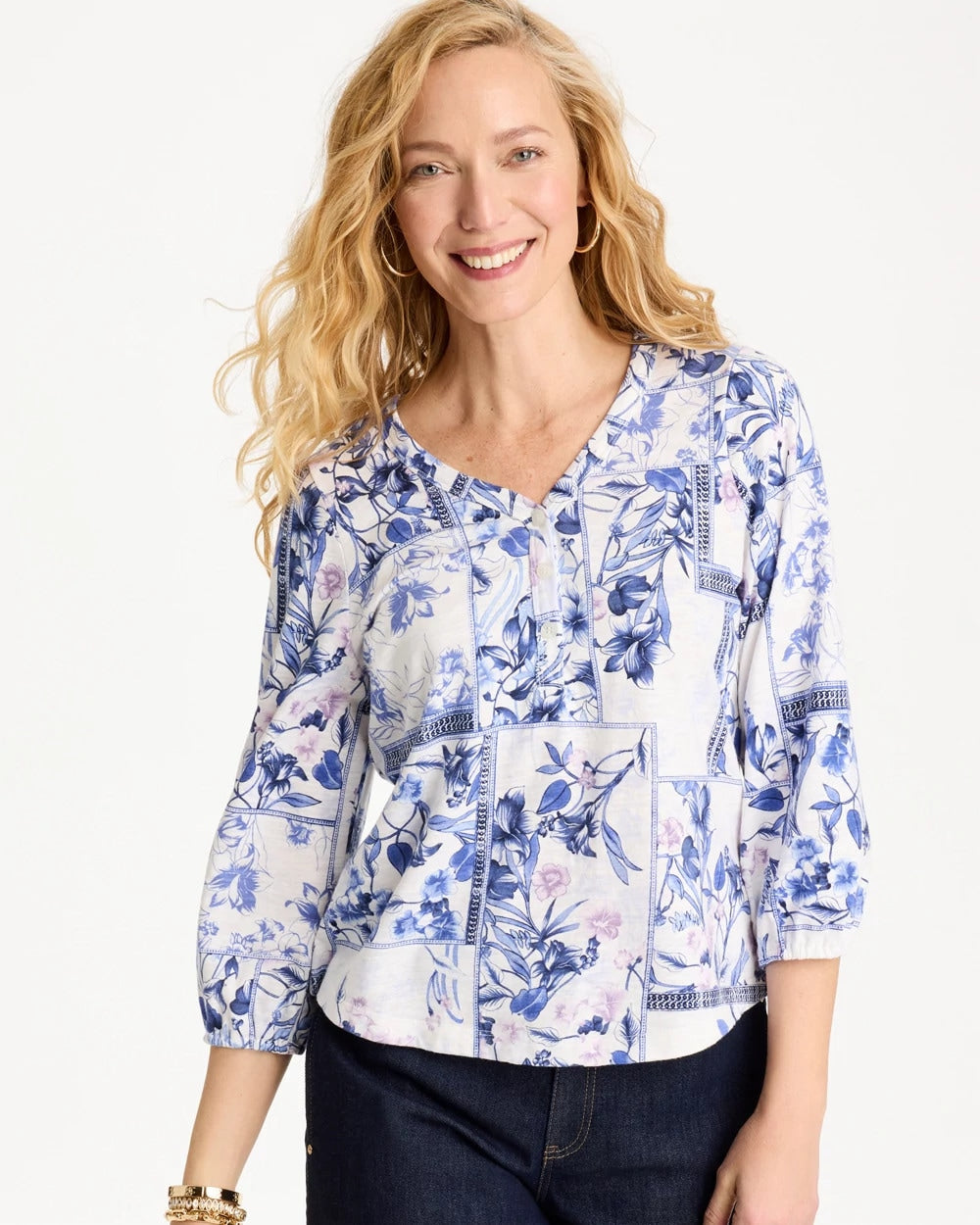 Chico's | Elle Puff Sleeve Cotton Slub Henley Tee/ Passport Blue