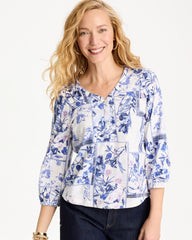 Chico's | Elle Puff Sleeve Cotton Slub Henley Tee/ Passport Blue
