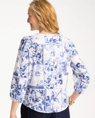 Chico's | Elle Puff Sleeve Cotton Slub Henley Tee/ Passport Blue