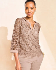 Chico's | Mixed-Media Medallion Lace Top/ Mocha Mousse