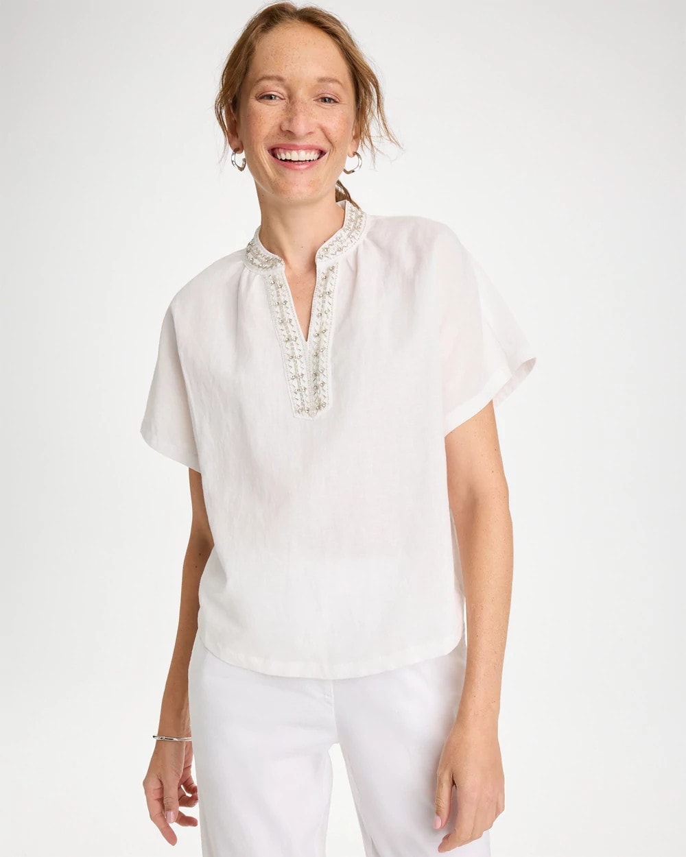 Chico's | Linen Embellished Popover Top/ Alabaster