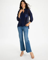 Chico's | Embellished Splitneck Blouse/ Passport Blue