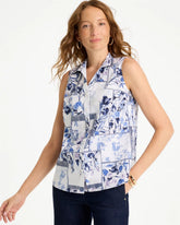 Chico's | Cotton-Blend Classic Printed Sleeveless Shirt/ Amparo Blue