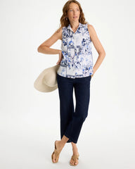 Chico's | Cotton-Blend Classic Printed Sleeveless Shirt/ Amparo Blue