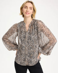 Chico's | Georgette Printed Squares Blouse/ Black