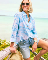 Chico's | Tie-Dye No Iron Linen Shirt/ Blue Haven