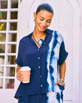 Chico's | Faux Silk Henley Colorblock Top/ Passport Blue
