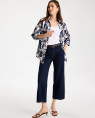 Chico's | Printed No Iron Linen Shirt/ Passport Blue