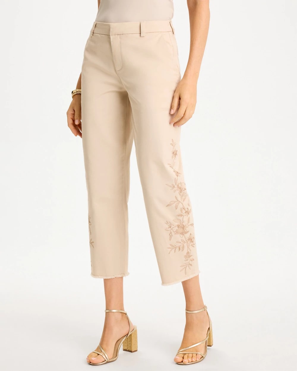 Chico's | Relaxed Embroidered Fray Crop Pant/ Pale Sand