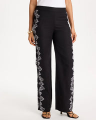Chico's | Embroidered Pull-On Wide-Leg Linen Pants/ Black