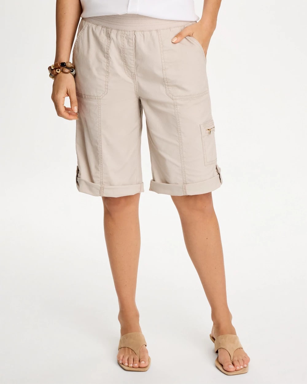 Chico's | Poplin Cotton Roll-Tab Shorts/ Smokey Taupe