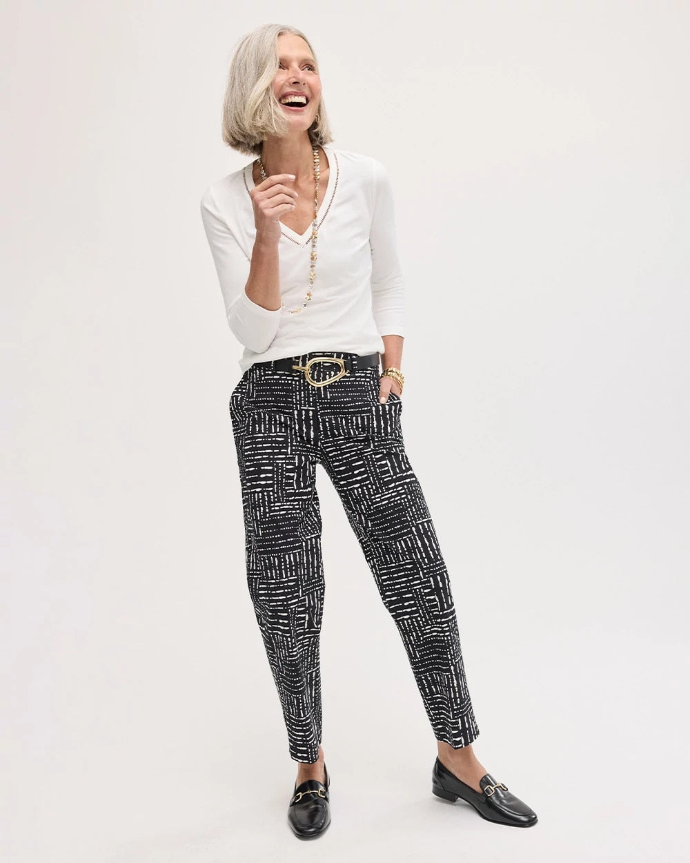 Chico's | Emme Fly Front Straight Printed Crop Pants/ Black