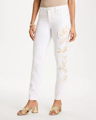 Chico's | No Stain Girlfriend Floral Embellished Slim Ankle Jeans/ Alabaster