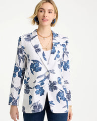 Chico's | Linen Printed Piped Boyfriend Blazer/ Alabaster