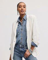 Chico's | Linen-Blend Striped Boyfriend Blazer/ Ecru
