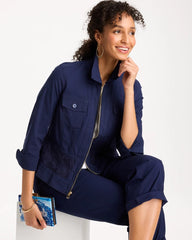 Chico's | Poplin Cotton Lace Peplum Jacket/ Passport Blue