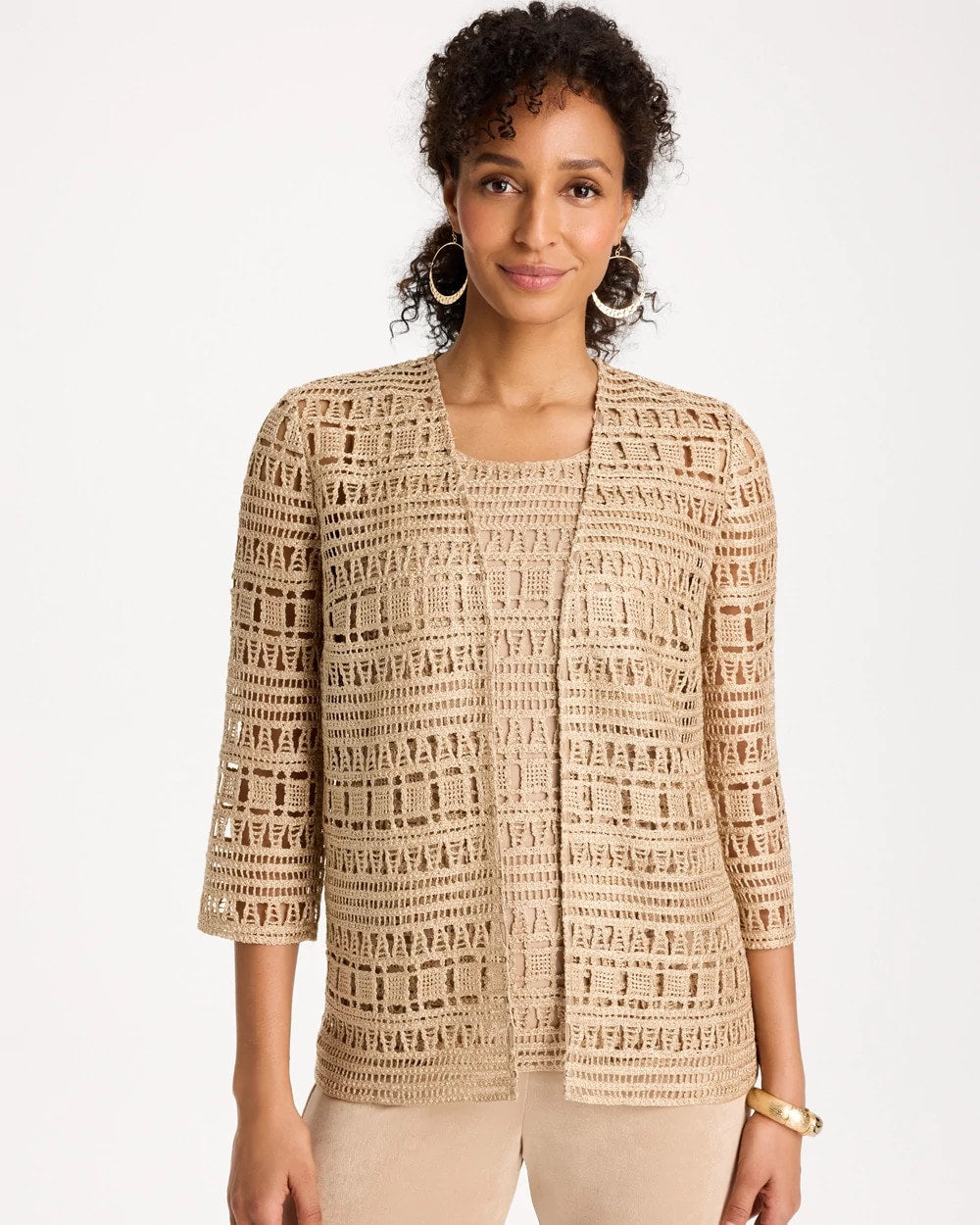 Chico's | Travelers™ Metallic Crochet Cardigan/ Gold