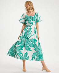 Chico's | Poplin Cotton Off-Shoulder Printed Dress/ Topanga Green