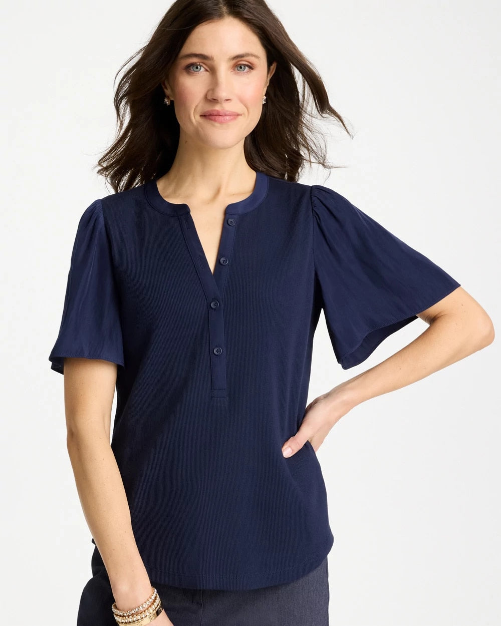 Chico's | Rib Knit Woven Flutter Sleeve Tee/ Passport Blue